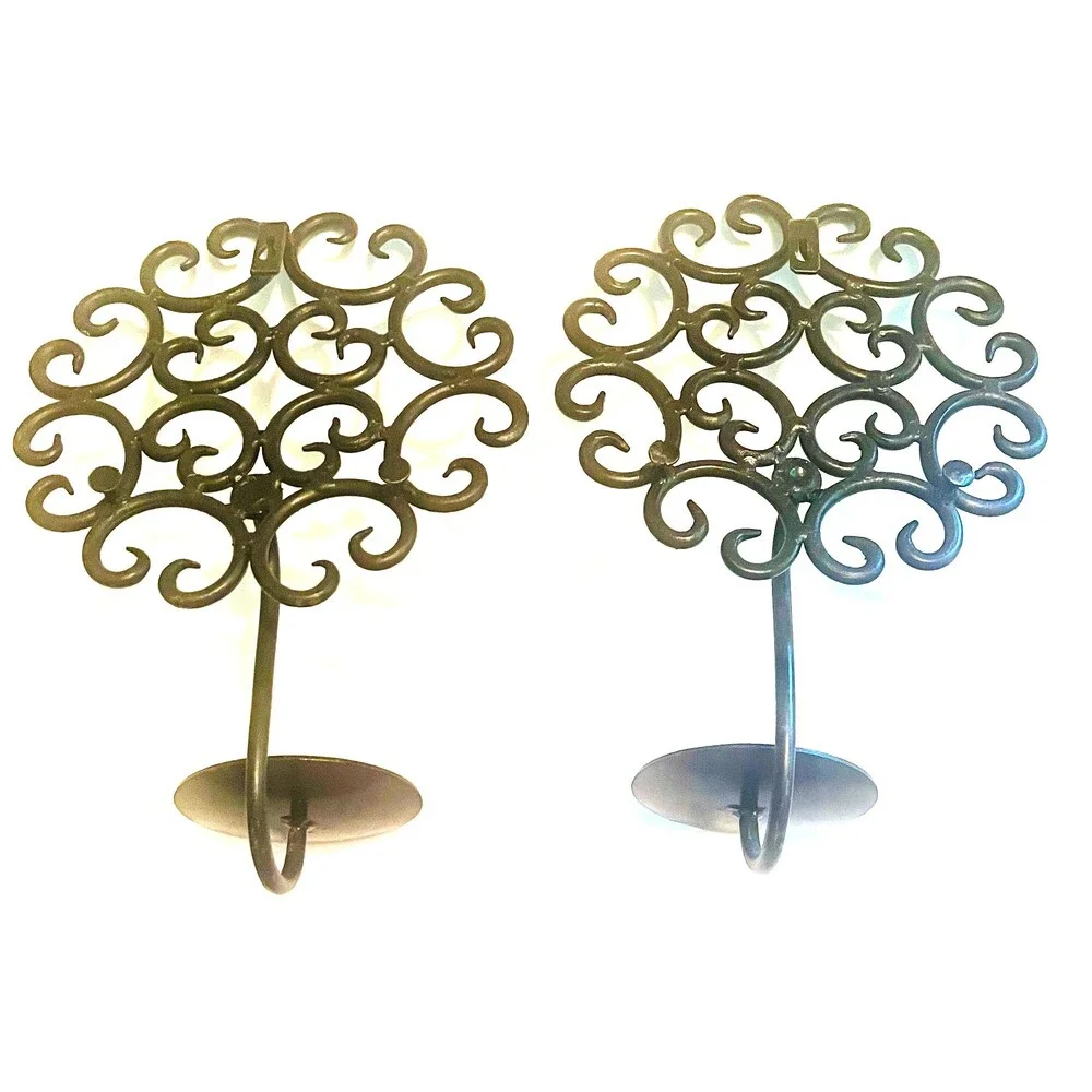 2 Vintage Tree of  Life black wrought iron wall candle sconces scrollwork